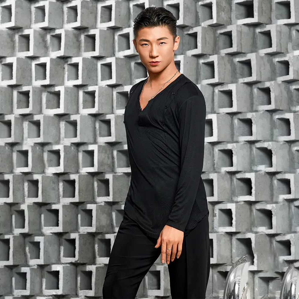 NY682 Men’s Button‑Detail Long‑Sleeve Latin Dance Top
